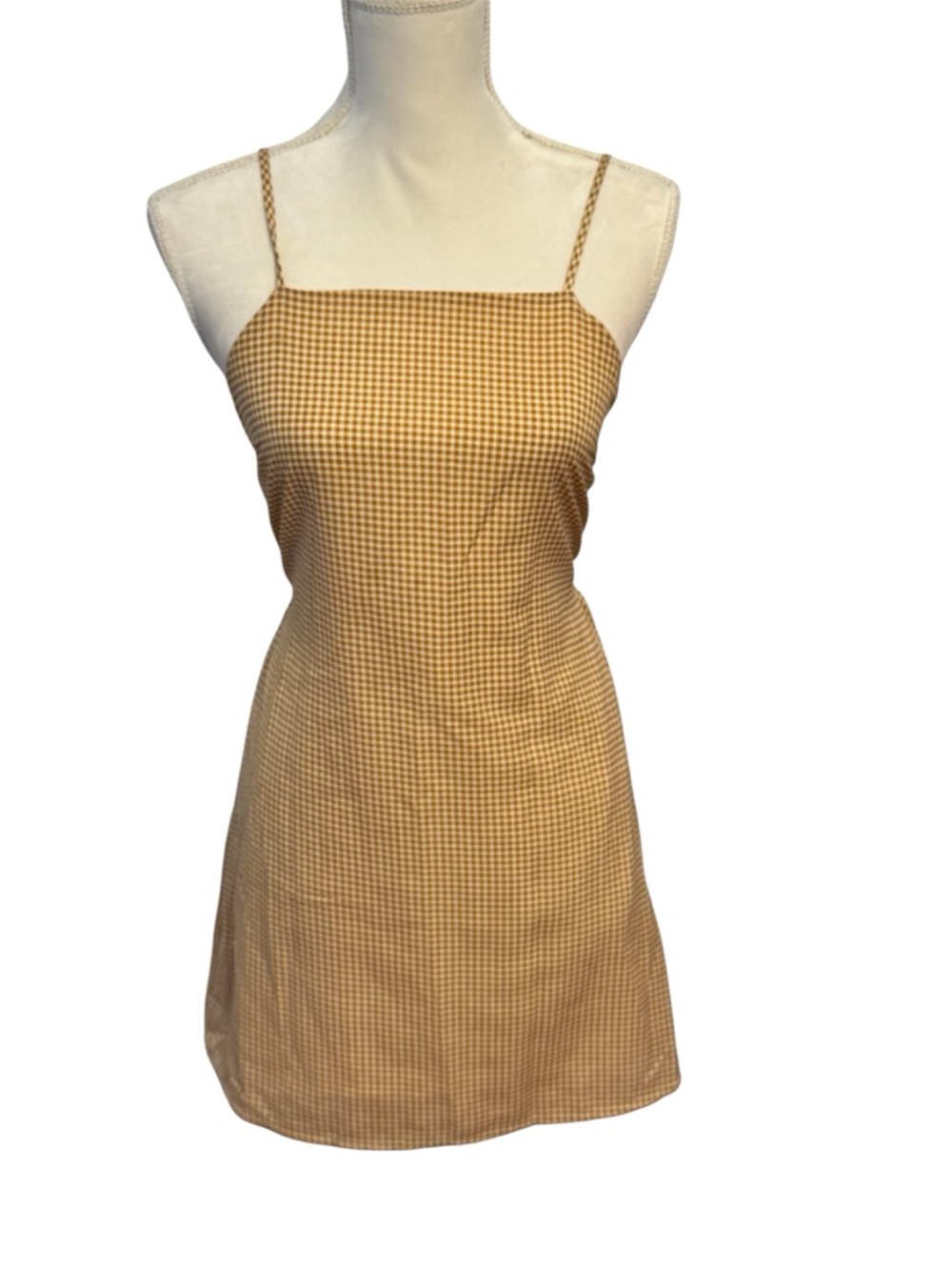 Sage The Label Mustard Yellow and White Gingham Tie Back Mini Dress Size Small